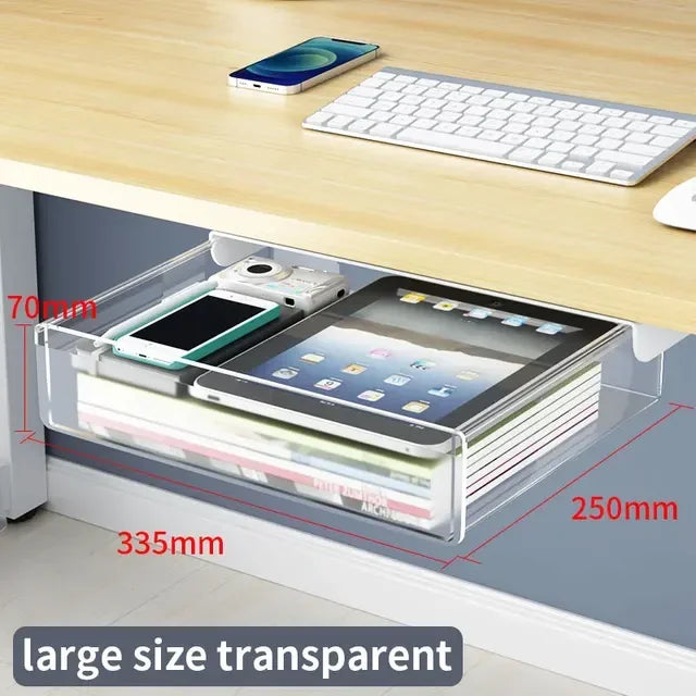 Transparent Under Desk Drawer Self Stick Hidden Storage Tray Quiet Pull Out Desk Organizer Accessory