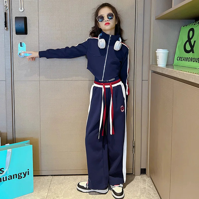 Spring Autumn Girl Striped Cropped Full Zip Sweatshirt+Loose Drawstring Sweatpant Set School Kids Tracksuit Child Outfit 3-16Yrs