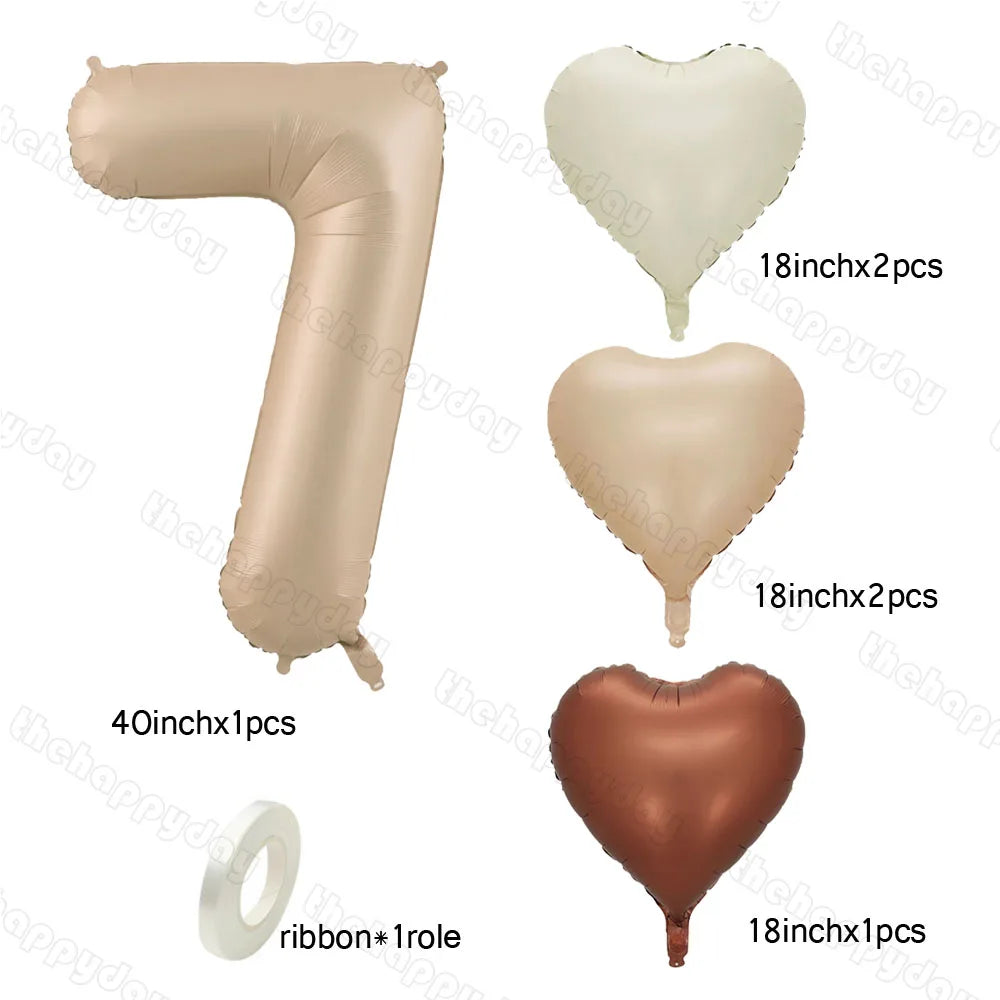 10/5/1Pc Brown Beige Cream 18inch Heart Balloons Cream Number Balloons 1 2 3 4 5 6 Birthday Number Foil Balloon Helium Air Globo