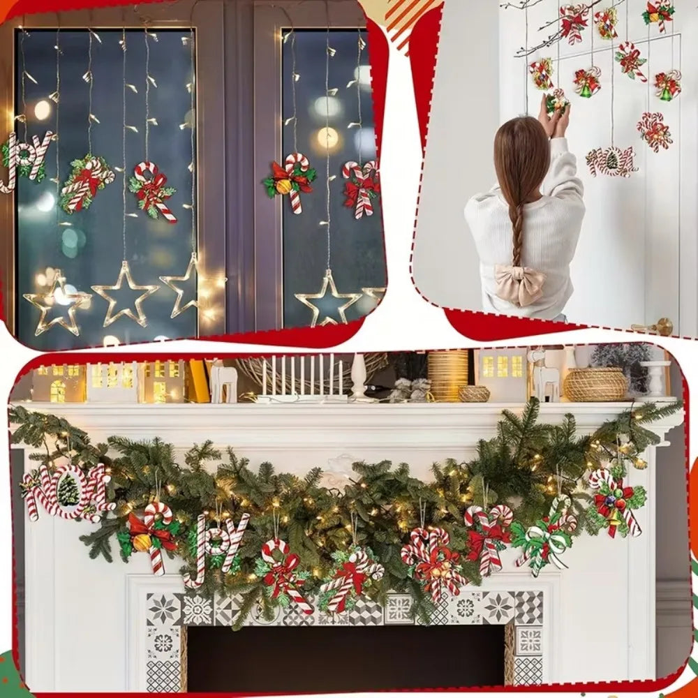 12 Pcs Wooden Christmas Tree Ornaments Cute Candy Cane Bow Bells Hanging Pendants Fun Xmas Holiday Decorations Accessories