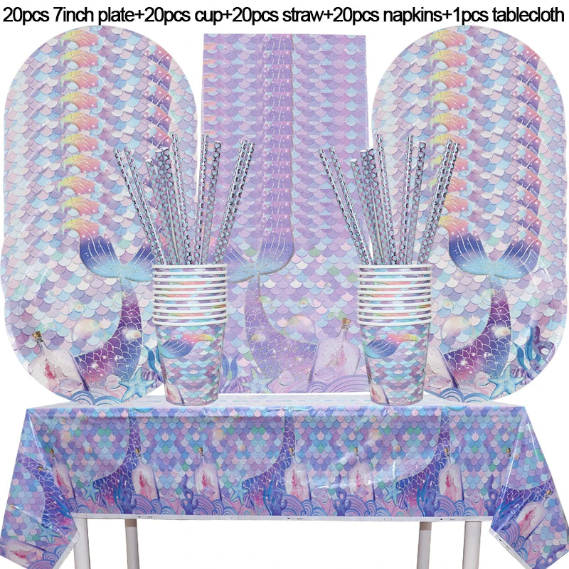 Mermaid Birthday Party Decoration Disposable Tableware Set Little Mermaid Tail Plates Girl Mermaid Party Supplies Wedding Decor
