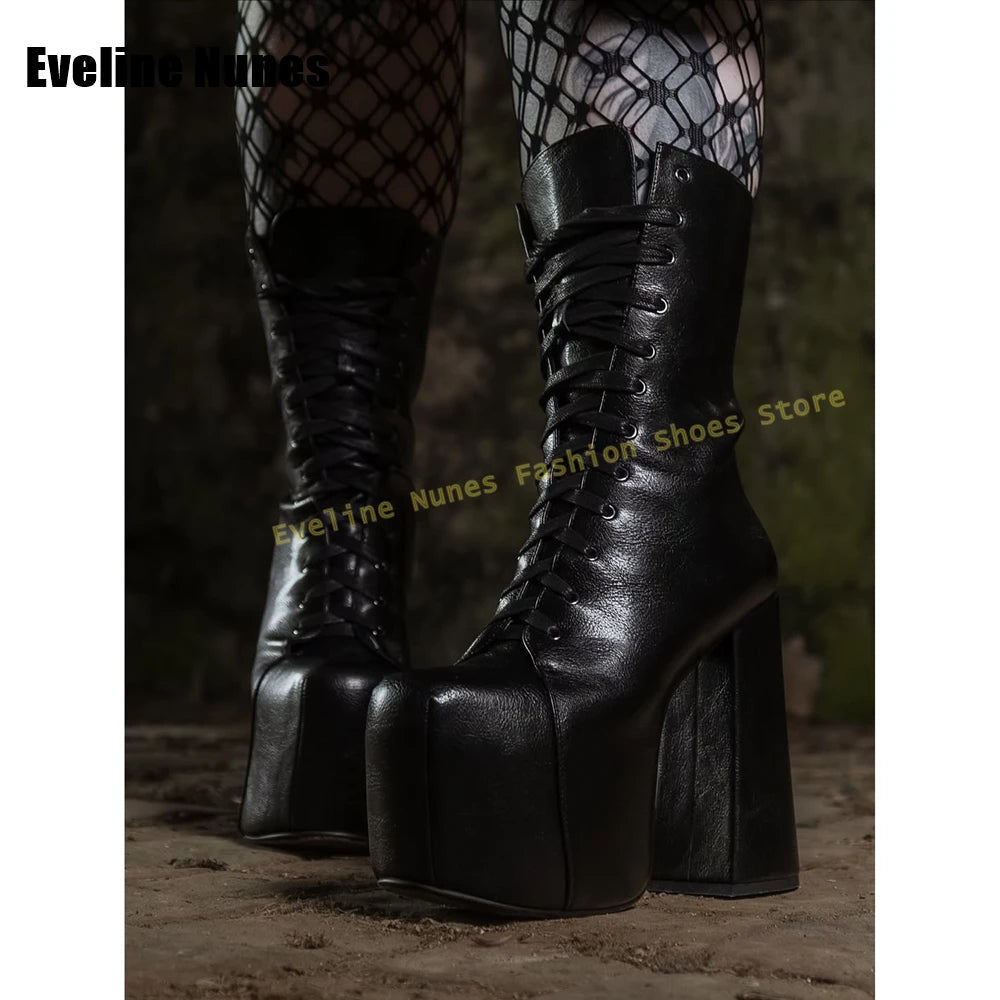 Platform Lace-Up Y2K Mid-Calf Boots Round Toe Block Heels Solid