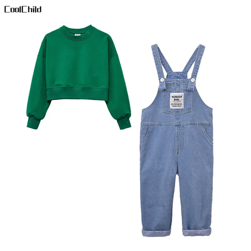 Boys Hip Hop Solid Sweatshirt Denim Loose Overalls Girls Crop Top Kids Dungaree Child Jumpsuit Street Dance Romper Streetwear