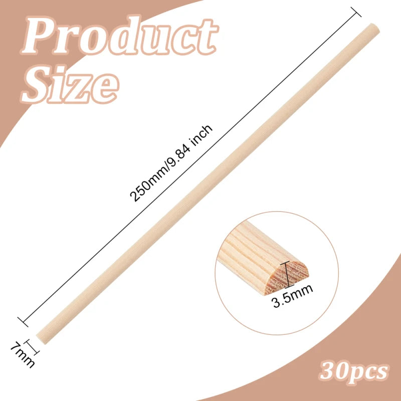 30Pcs Wooden Dowel Rods Half Round Dowel Rods Unfinished Wood Craft Sticks Arch Wood Dowel Rods Half Round Craft Sticks
