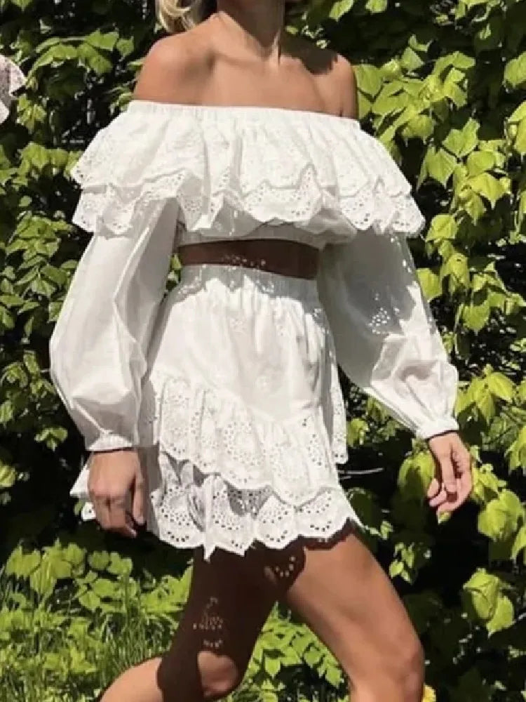 2 Pieces 1 Set Sexy Women Ruffles Elastic Shoulder Embroidery Hole Cotton Crop Top Shirt Elastic Waist Wood ears Mini Skirts