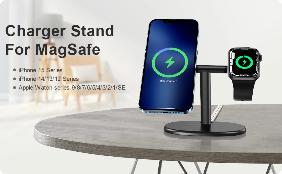 EWA 2-in-1 Aluminum Phone Stand for MagSafe Charger - [Charger Not Included] Phone Holder  for iPhone 16~12 & Apple Watch Series