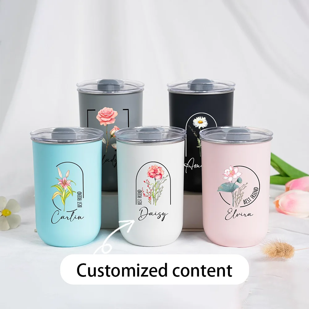 Customizable birthday flower stainless steel water cup,Customized name coffee cup，Birthday、Valentine's Day gift.
