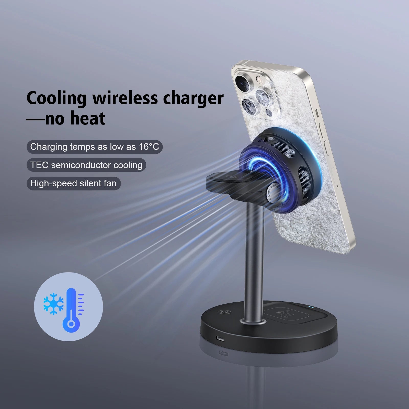 3-in-1 Magnetic Wireless Charger Stand with TEC Semiconductor Cooling, 15W for iPhone 17 16 15 14 13 12, iWatch & for AirPods