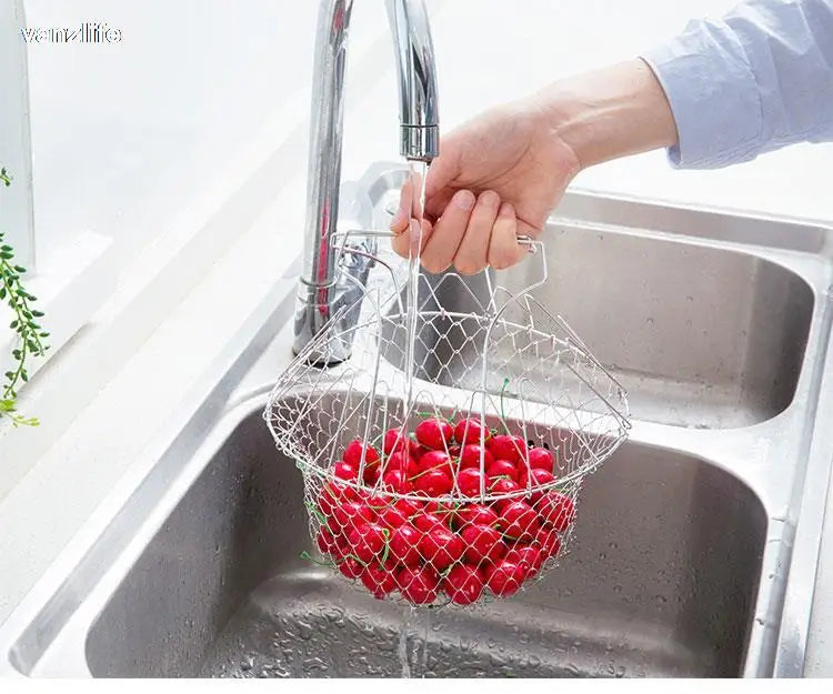 vanzlife stainless steel deep-fried large noodle kitchen French fries tools drain basket Household leak net spoon folding filter