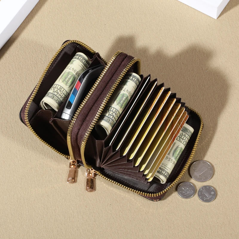 RFID Protection Mini Wallet - Chic Faux Leather with Double Zipper, Multiple Card Slots & Slip Pocket, Compact Classic Clutch
