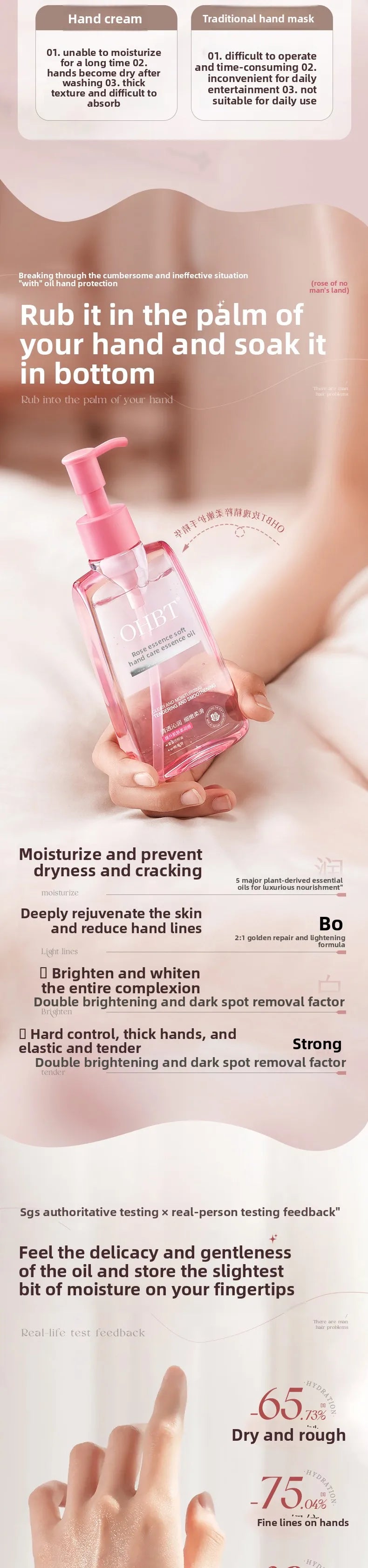 OHBT Moisturing Hand Care Oil, 150ml Rosehip Oil  Smooth Skin Care Essence, Whitening Nourish Hand Care Water