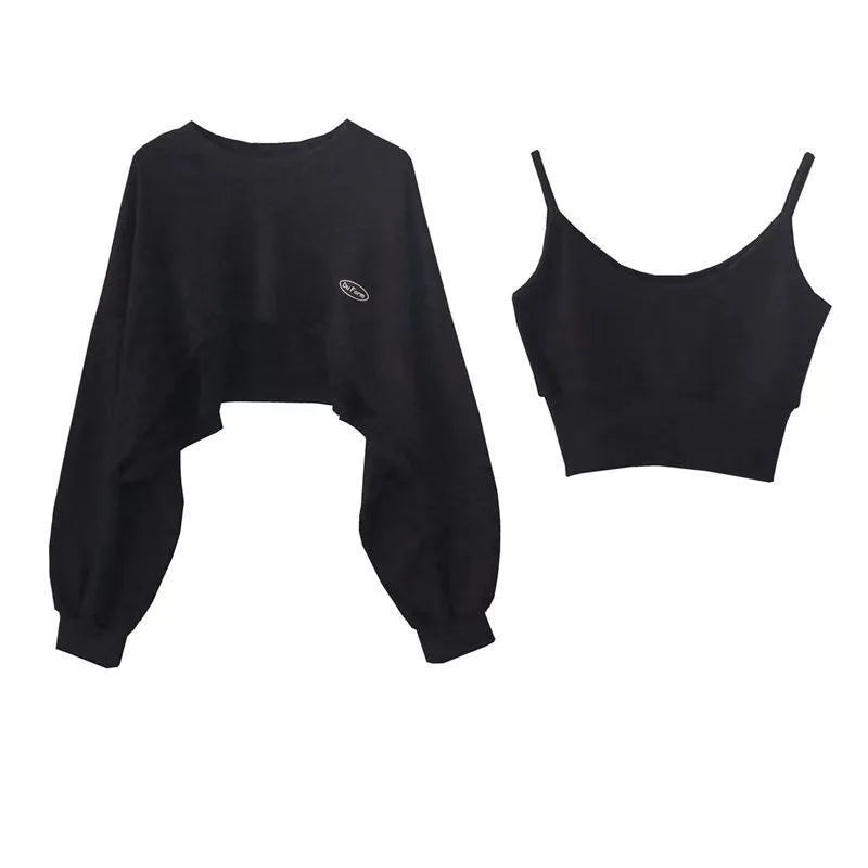 Oversized Crop Sweatshirt and Spaghetti Strap Top Women's Streetwear 2 Piece Set 4 Color Options Sweatshirts Kpop Casual Clothes