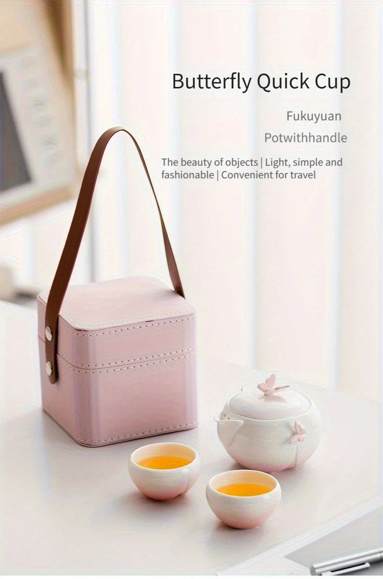 Butterfly-shaped tea set with storage bag, portable camping ceramic teapot suitable for outdoor, travel, and home use