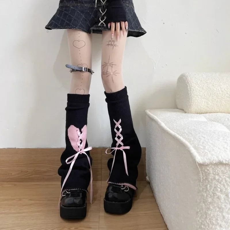 Y2k Sweet Love Heart Bandage Bow Knitted Leg Warmers Gothic - Black