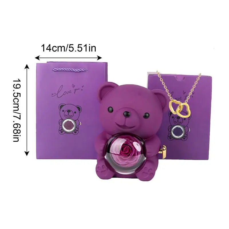 Bear Necklace Case Romantic Bear and Rose Jewelry Box Hug Bear Decoration Necklace Box Rose and Rotating Bear Case with Double