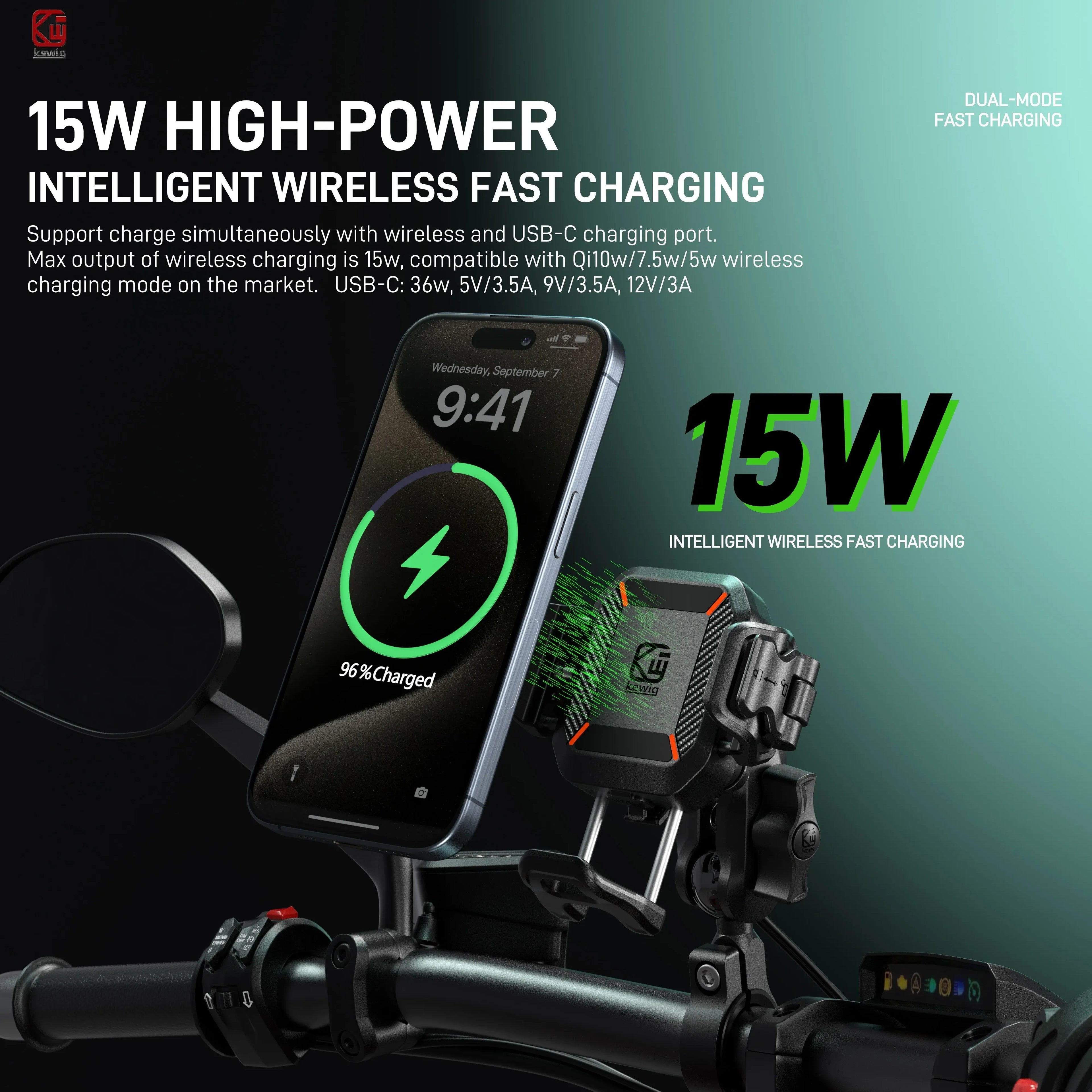 Motorcycle Phone Holder Mount 15W Wireless Charger and 36W USB C Fast Charging Port, Motorcycle Bicycle Phone Holder