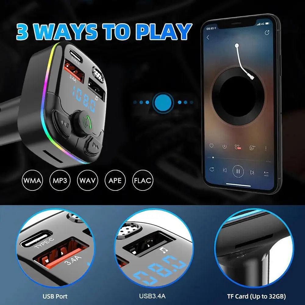 Bluetooth 5.0 Car FM Transmitter Wireless Charger PD Type C Fast Charge Dual USB Charger Ambient Light MP3 Player Handsfree