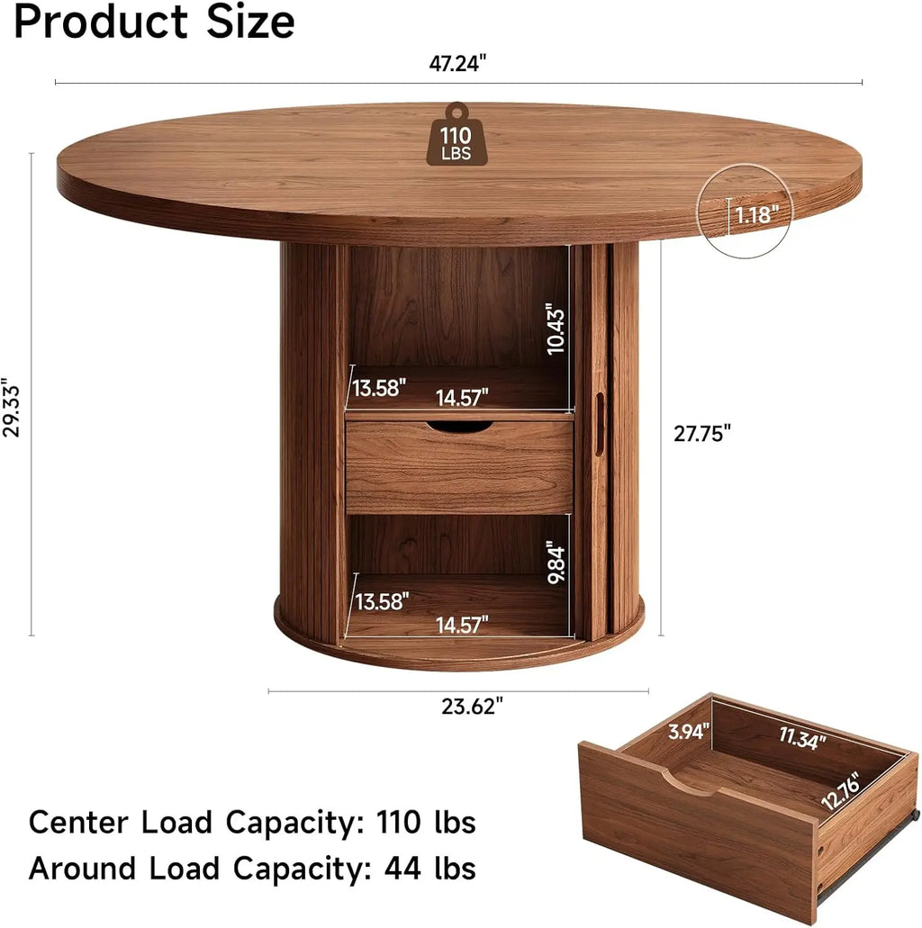 47-Inch Round Walnut Dining Table With Storage