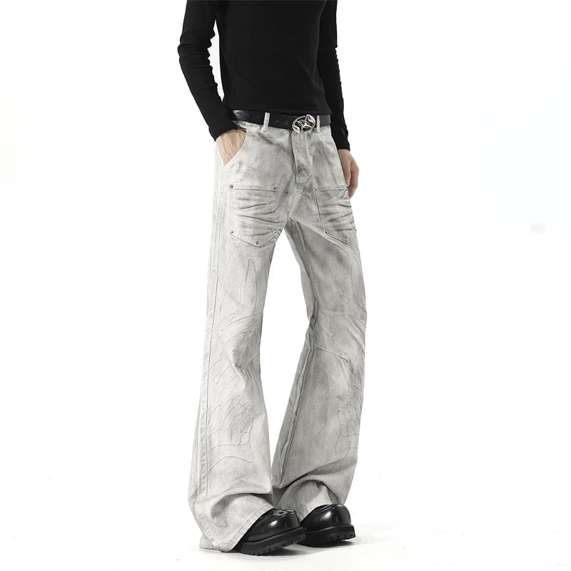 IEFB Men White‑Grey Washed Flare Jeans Embossed Pattern Rivet