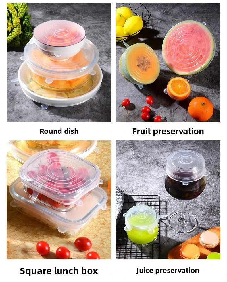 6pcs/set Food Grade Silicone Preservation Cover Reusable Airtight Food Universal Dish Stretch Round Lids For Kitchen Accessories