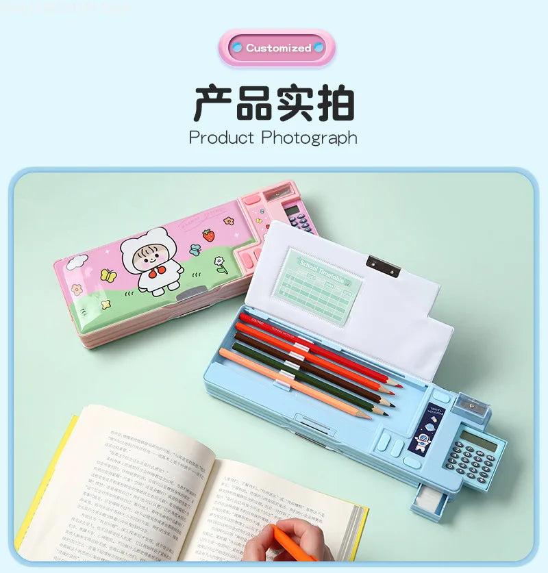 Kids Multifunctional Pencil Case with Calculator, Desk Organizer for Pens, Pencils, Markers, Office Supplies, Pink and Purple De