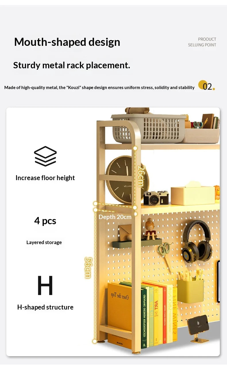 Iron Desktop Pegboard Bookshelf Multi Tier Desk Organizer Storage Shelf Student Computer Workstation Tidy Rack Cabinet Furniture