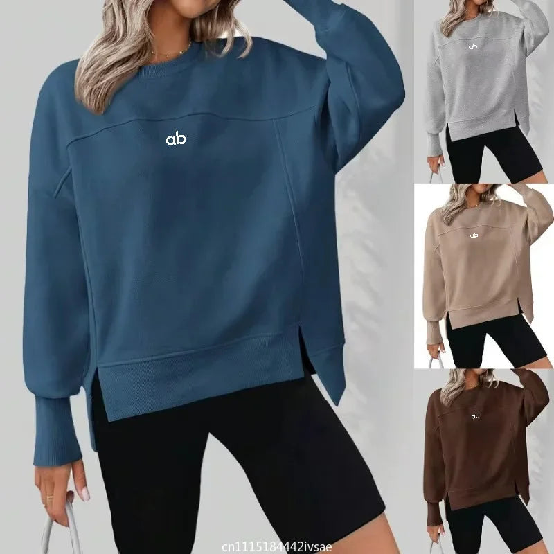 Women Autumn Winter Crew Neck Sweatshirt Long Sleeve Split‑hem