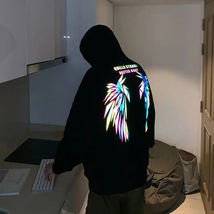 Reflective Male Hoodie Hip Hop Overfit New in No Brand Y2k Vintage Novelty and Simple 90s Tops Fleeced Men's Hooded Sweatshirt