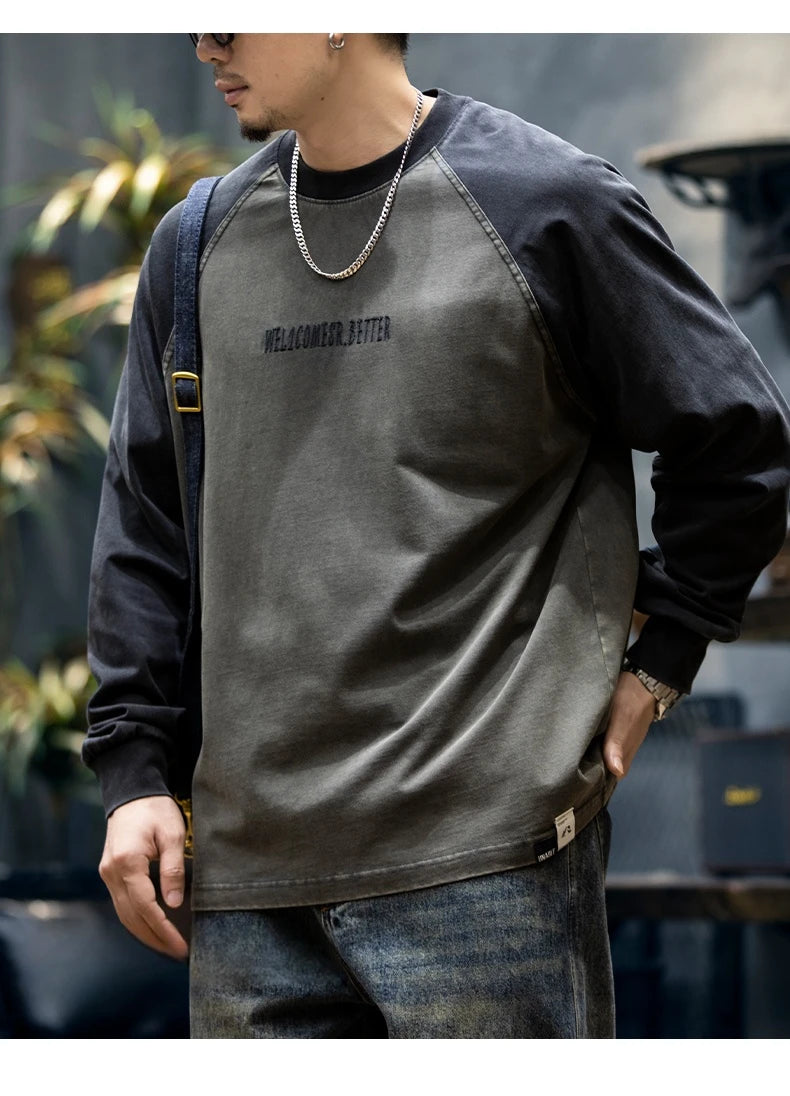 Spring Autumn High Quality Cotton Long Sleeve T Shirt Men Plus Size Patchwork Sweatshirt Korean Streetwear Fashion Sport Tops