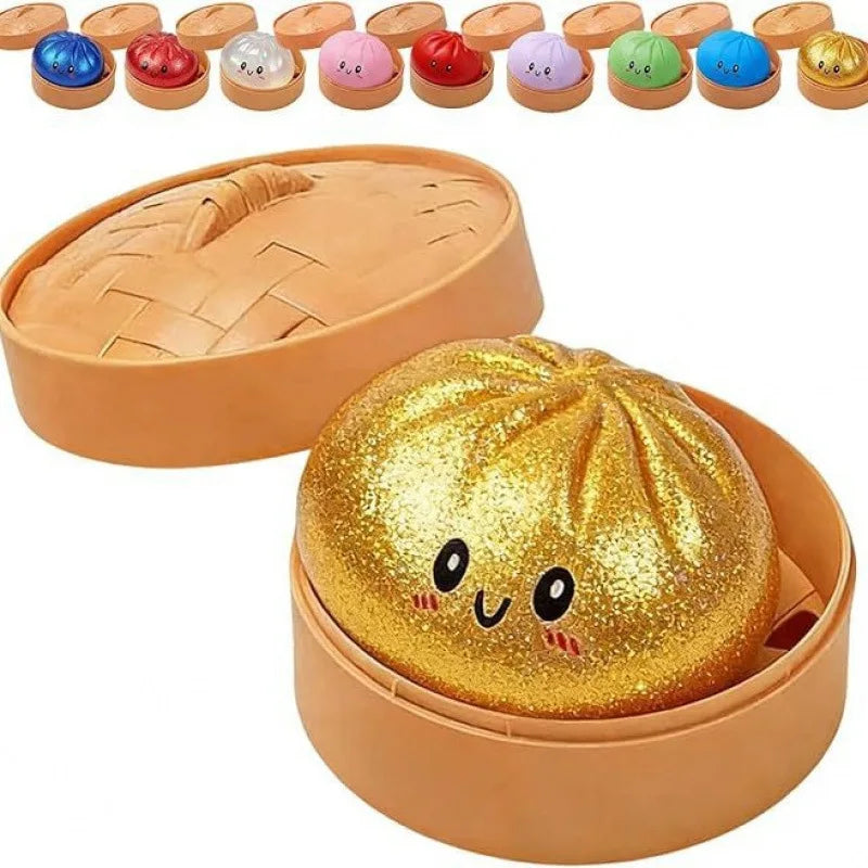 Simulation Food Dumpling Squishy Squeeze Ball Colorful Sensory Fidget Toy with Steamer for Stress Relief Home Desktop Decor Gift