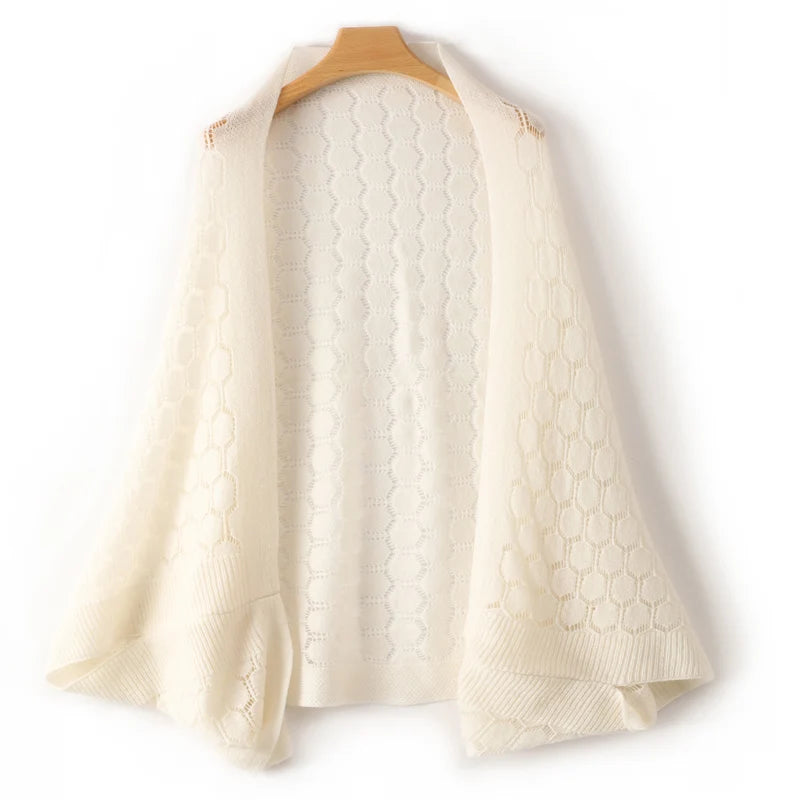 Popular Lace Edge 100% Wool Knitted Shawl Spring Autumn Thin Women's Soft, Skin friendly, Breathable, and Fashionable Cardigan