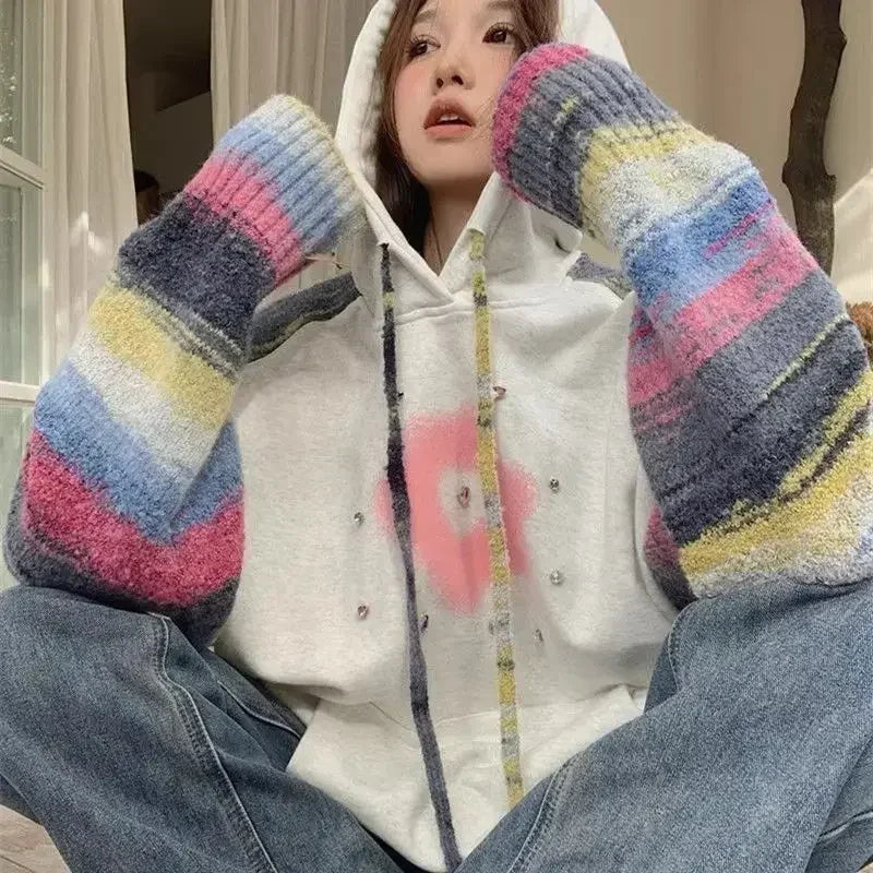 Rhinestone Hooded Sweatshirt for Women Graphic Woman Tops Glitter Baggy Loose Sequin 2025 Trend Hoodies Korean Fashion Novelty M