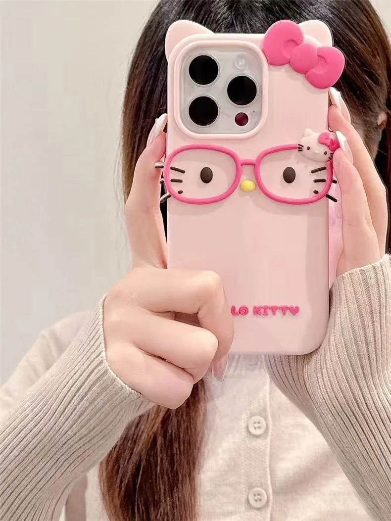 Hello Kitty 3D Cat-Eye Glasses Silicone Phone Case for iPhone 17 Pro Max 16 15 Plus 14 13 Mini 12 11 4 4S 5 5S 7 8 SE Shockproof