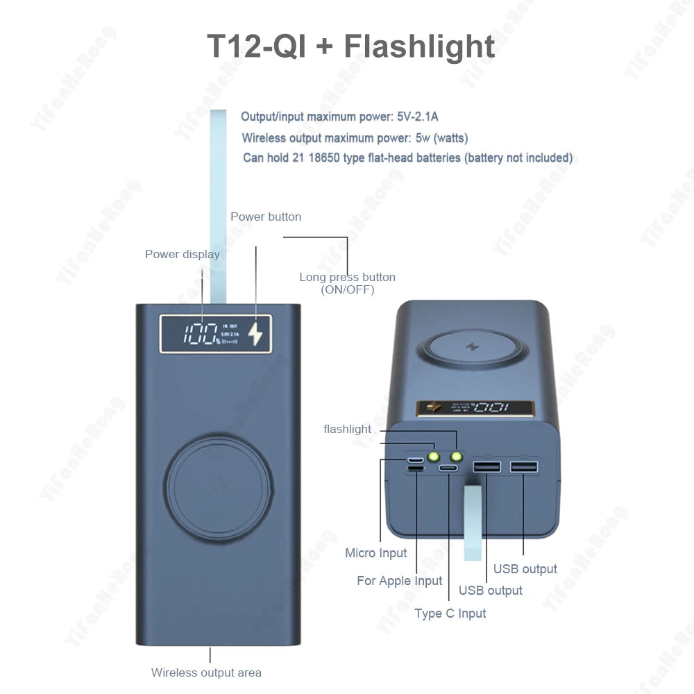 Dual USB 21*18650 Power Bank Battery Box Support Quick & Wireless Charger DIY Shell Case 18650 Battery Storage Box Holder