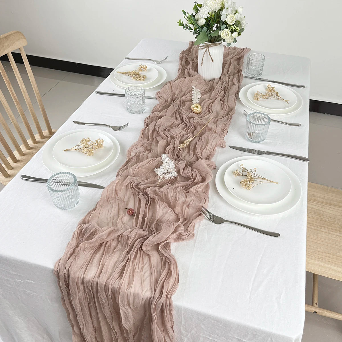 Wedding Pink Gauze Table Runner Semi-Sheer Vintage Cheesecloth Table Setting Dining Party Christmas Banquets Arches Cake Decor