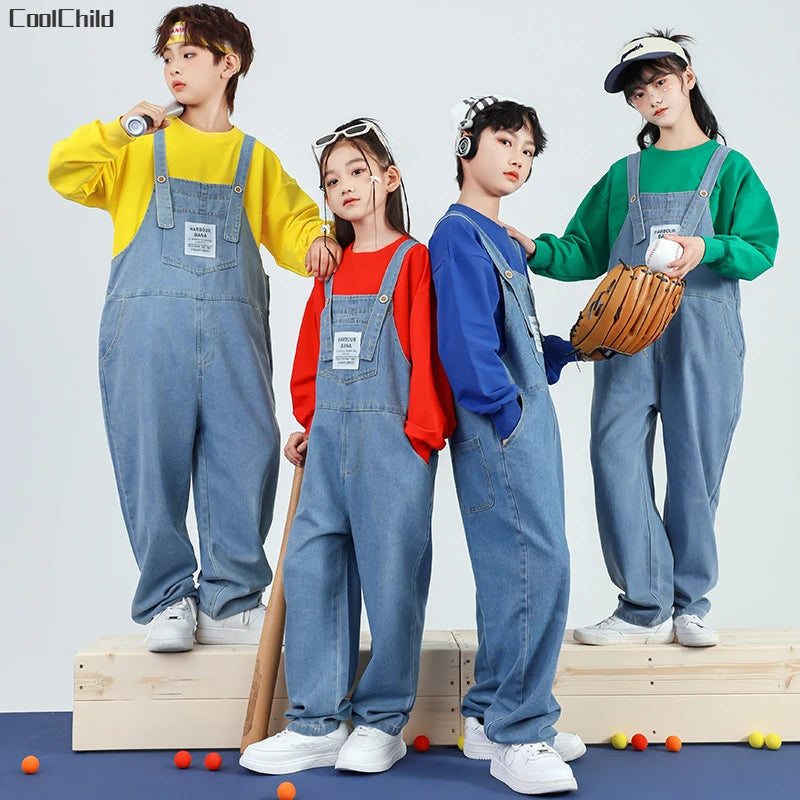 Boys Hip Hop Solid Sweatshirt Denim Loose Overalls Girls Crop Top Kids Dungaree Child Jumpsuit Street Dance Romper Streetwear