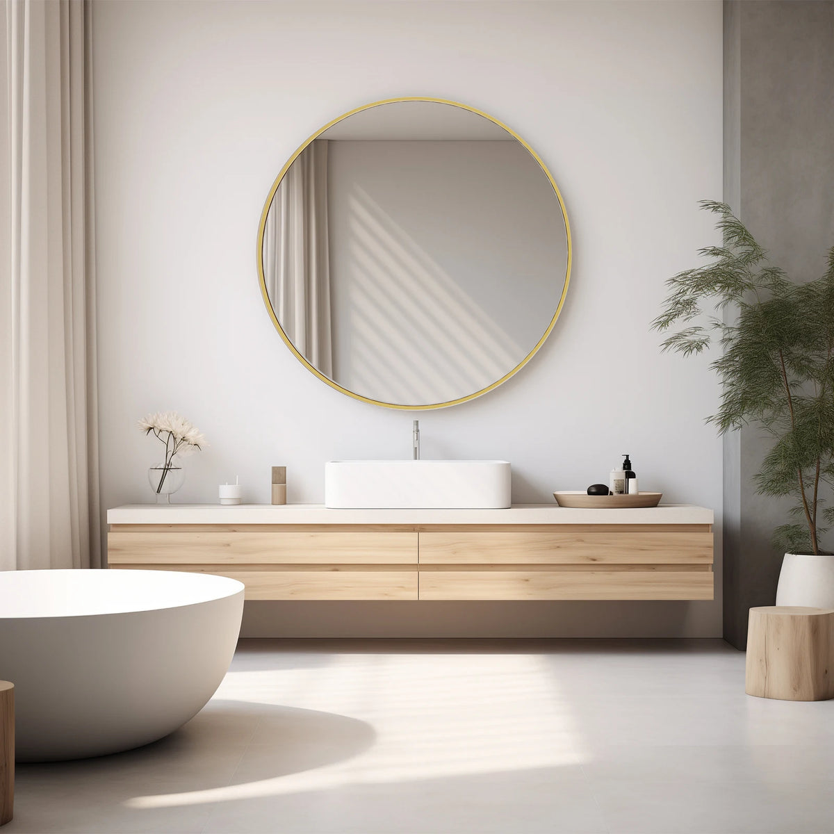 JHK Large Gold Round Vanity Framed Mirror for Wall Matte Metal