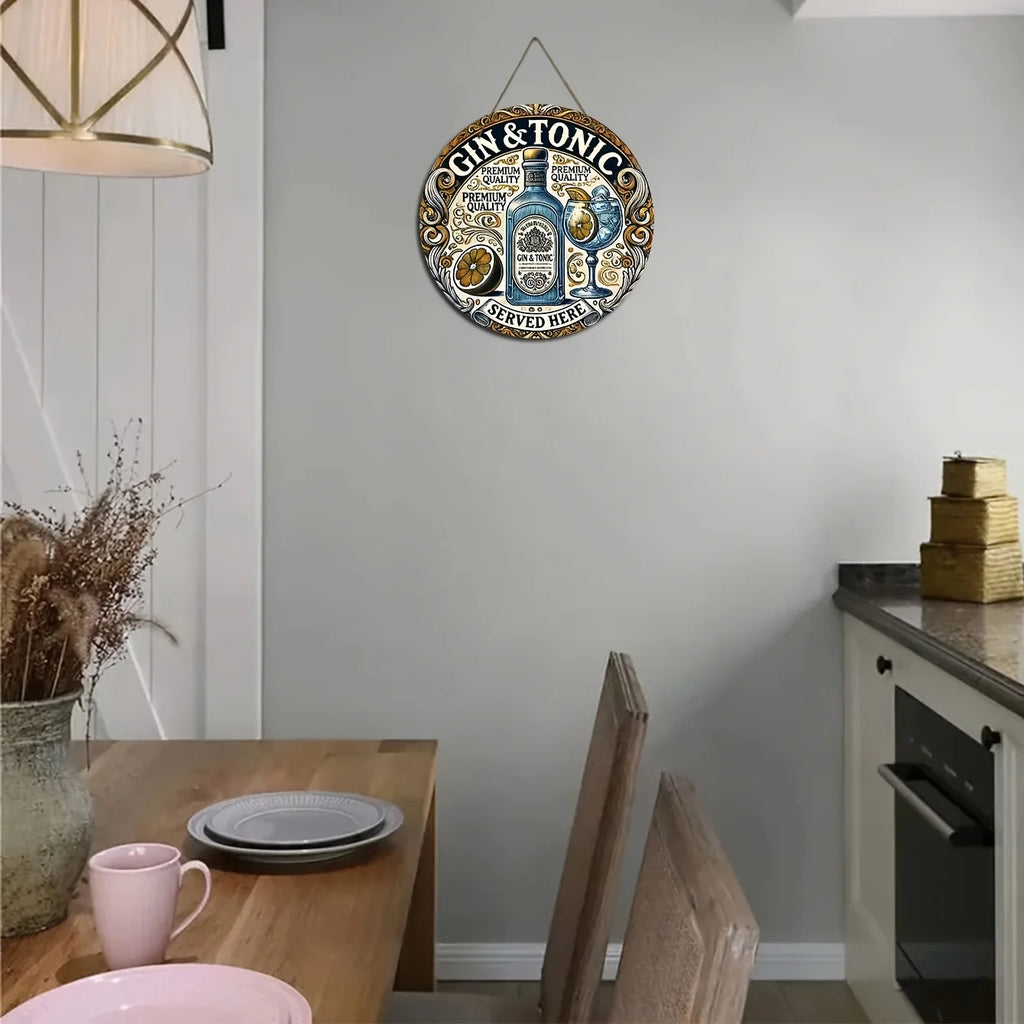 One 2D flat wooden circular sign with a retro style, "Gin and soda water are provided here" - country-style home wall decoration