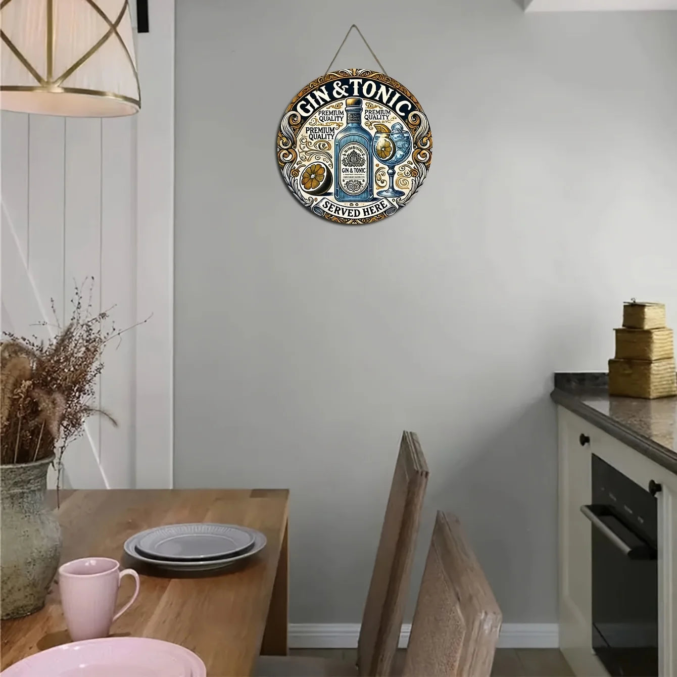 One 2D flat wooden circular sign with a retro style, "Gin and soda water are provided here" - country-style home wall decoration