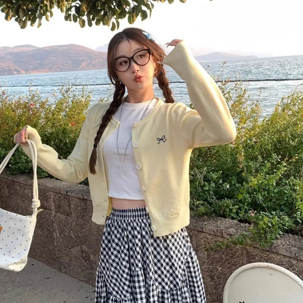 Solid Bowknot Crochet Sweaters Autumn Spring Long Sleeve Cardigans