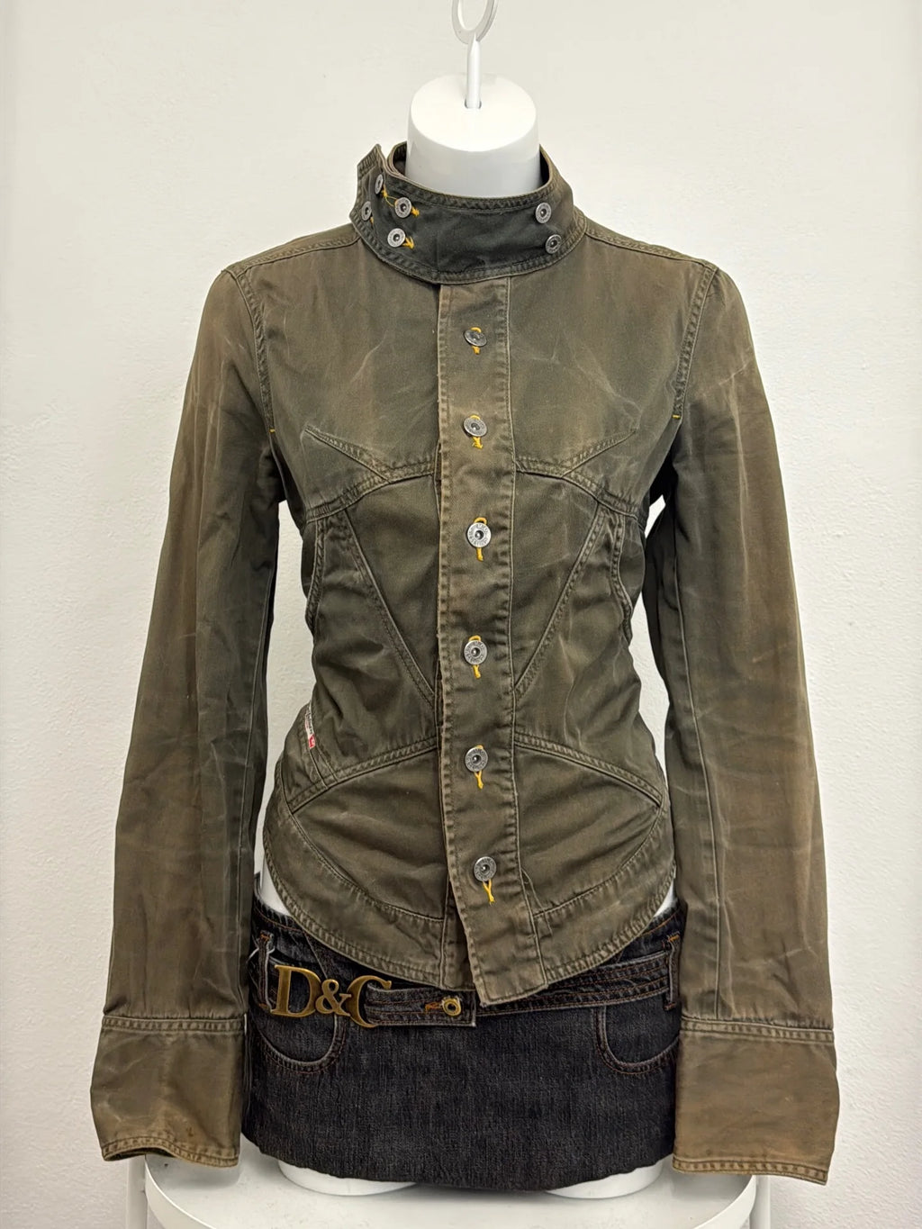 Women's Jacket Y2K Retro Street Olive Green Lace-Up Slim Denim