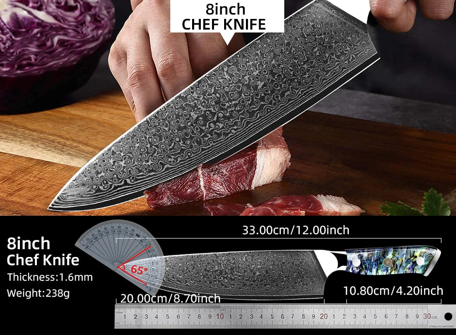 Damascus Knife Chef Knife Japanes VG10 67 Layer Steel Cleaver Paring Bread Knife Lasting Sharp Abalone Shell Handle Kitchen Gift