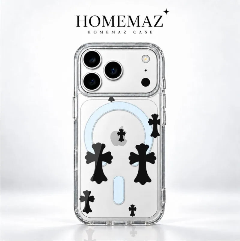 Clear Magnetic Case for iPhone with Gothic Cross Print, Slim Shockproof Soft Cover, Raised Camera Guard, Wireless Charging Support
