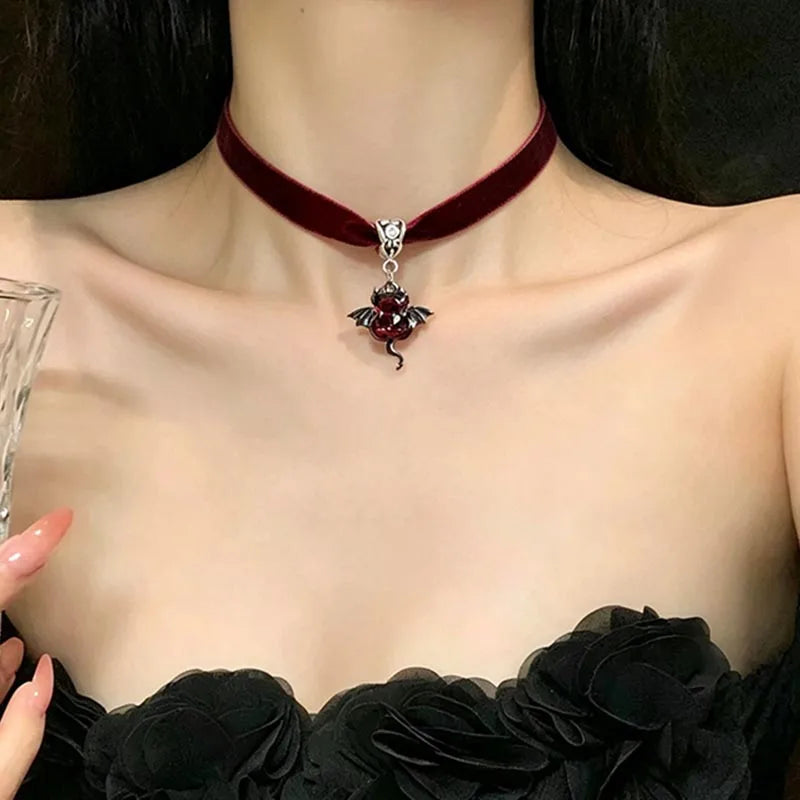 Gothic Black Velvet Choker Little Demon Bat Charm Pendant Necklace