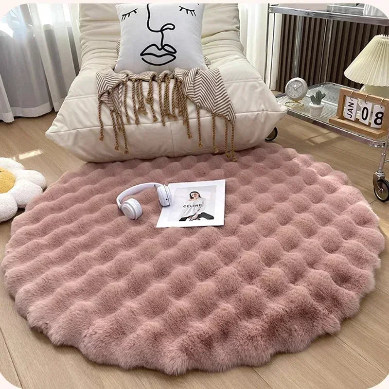 Ins Solid Color Fluffy Round Area Rug Plush Sofa Couch Cushion Bubble Fleece Fabric Bedroom Bedside Floor Mat Home Decor Carpet