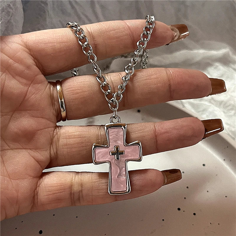 Gothic Punk Fashion Charm Cute Pink Large Cross Pendants Choker