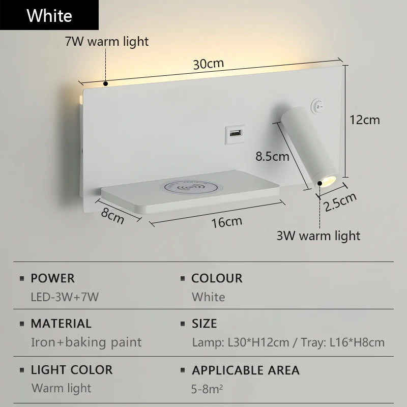 Multi Functional Wall lamp with Mobile phone Wireless charger switch USB interface Bedroom Night light LED Reading wall light