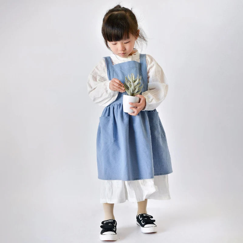 Kids Apron Adjustable Chef Apron Cotton Cooking Soft Comfort Pinafore Apron with 2 Pockets for Children Baking
