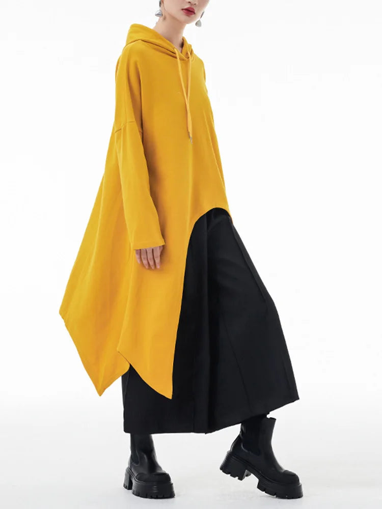 EAM Yellow Irregular Midi Sweatshirt New Hooded Drawstring Long Sleeve Women Big Size Fashion Tide Spring Autumn 2026 1DH3876