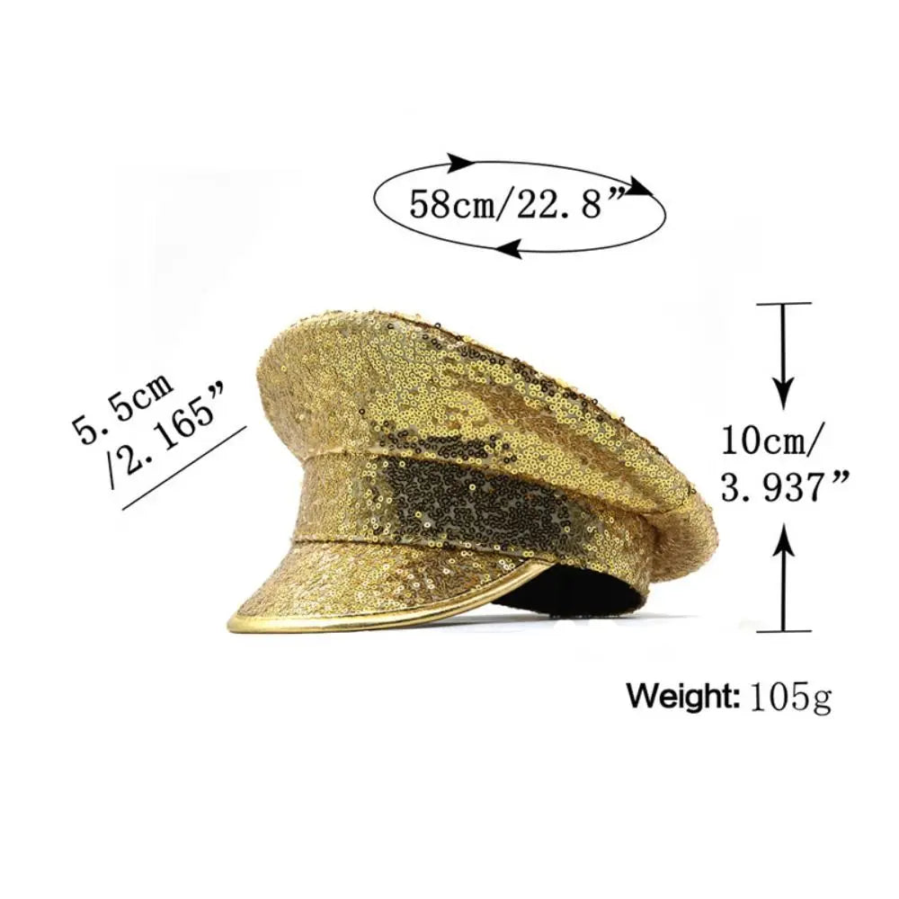 Dance Props PU Leather Sequin Flat Top Hat Shiny Y2K Hats
